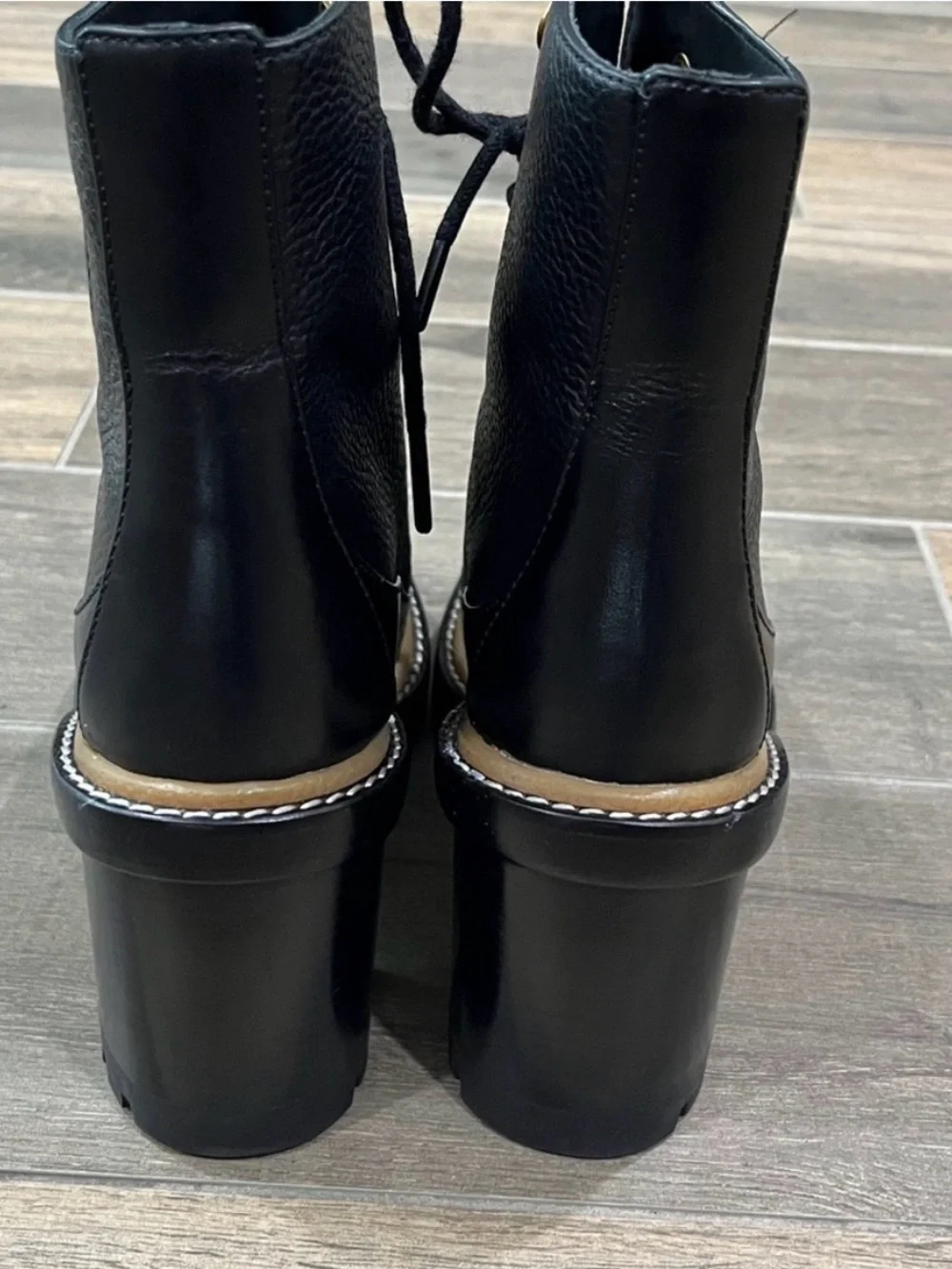 Tory Burch Black Leather Lace-Up Lug Heel Boots with Gold Hardware